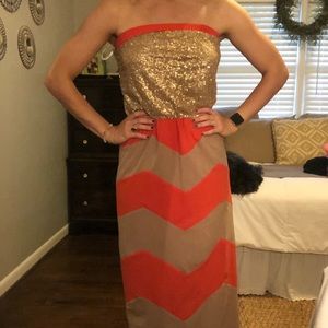 Gold sequin and orange chevron maxi dress